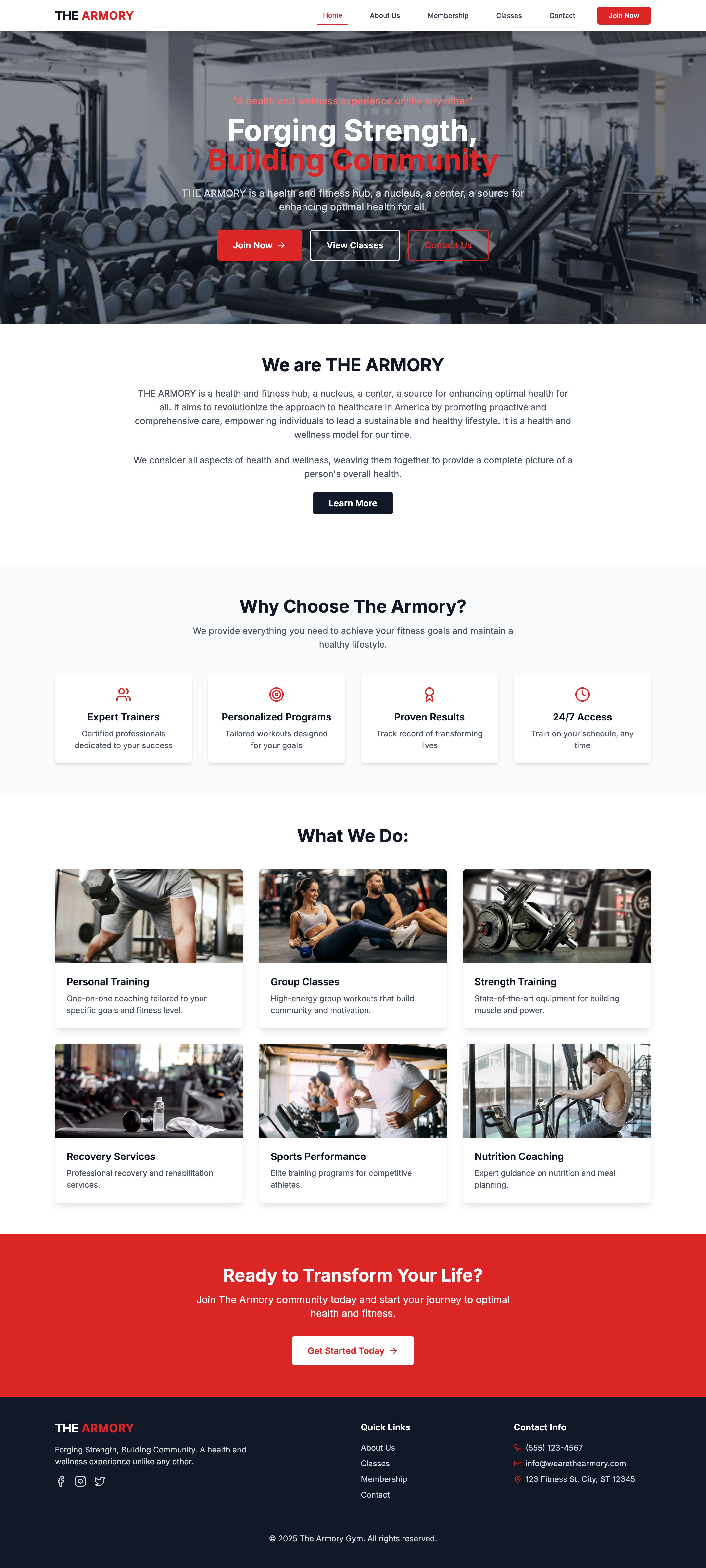 The Armory Gym Website - Fitness center site with membership and class booking